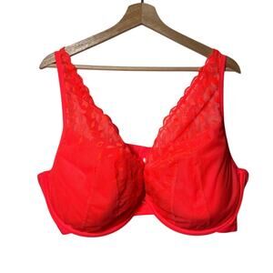 Cacique High Apex Plunge Bra 4855 Bright Orange Lace Mesh 50DD Lane Bryant
